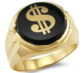 New Solid 14k Yellow Gold Mens Onyx Dollar Sign Ring: Jewelry
