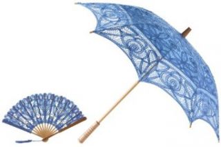 The 1 For U Women's Vintage Battenburg Lace Parasol And Fan Set 5 Colors (Blue): Clothing