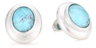 Brass with Blue Chinese Turquoise and White Crystal Doublets Domed Shape Earrings: Jewelry