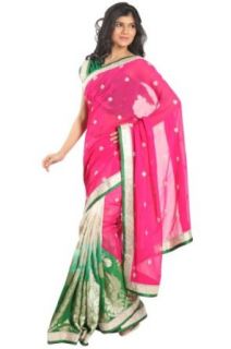 Cerise Pink and Jade Green Viscose Embroidered Saree: Clothing