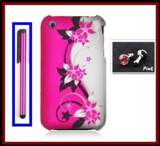 For iPhone 3G 3GS Phone Case Cover Faceplates Rubberized Hot Pink Silver Vines Flowers Front/Back + Pink Stylus Touch Screen Pen + One FREE Pink 3.5mm Bling Headset Dust Plug Cell Phones & Accessories