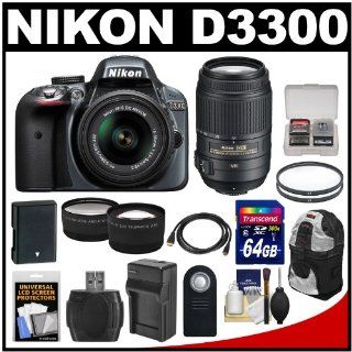 Nikon D3300 Digital SLR Camera & 18 55mm G VR DX II AF S Zoom Lens (Grey) with 55 300mm VR Lens + 64GB Card + Backpack + Battery & Charger + Tele/Wide Lens Kit : Camera & Photo