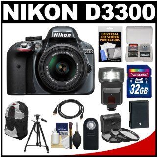 Nikon D3300 Digital SLR Camera & 18 55mm G VR DX II AF S Zoom Lens (Grey) with 32GB Card + Battery + Backpack + 3 Filters + Flash + Tripod + Kit : Camera & Photo