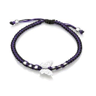 925 Sterling Silver Butterfly Charm Ball Beads Braided Purple and Black Cord Women Bracelet 6'' 8'' Chuvora Jewelry