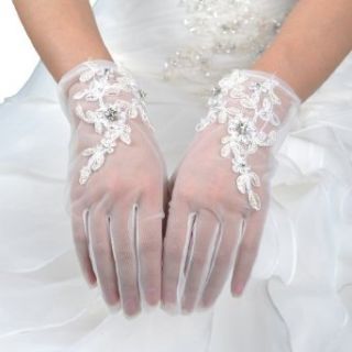 Topwedding 9" Wrist Length Embroidered Voile Wedding Gloves with Pearls, Ivory: Clothing