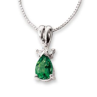 Lab Created Emerald Pendant in 14K White Gold with Diamond Accents