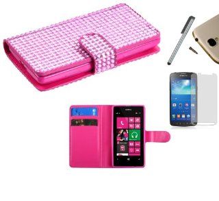 For Nokia Lumia 521 (At&t) PU Leather Flip Cover Folio Book Style Pouch Card Slot Myjacket Wallet Case + [WORLD ACC] TM Brand LCD Screen Protector + Silver Stylus Pen + Black Dust Cap Free Gift (Pink Diamond Studded Bling): Cell Phones & Accessorie