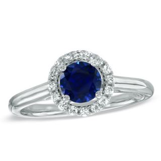Lab Created Blue Sapphire and 1/7 CT. T.W. Diamond Engagement Ring in