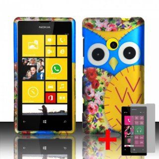 Nokia Lumia 521 yellow blue owl rubberized cover snap on hard case + free screen protector from [ACCESSORY ARENA]: Cell Phones & Accessories