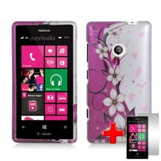 Nokia Lumia 521 (T Mobile) 2 Piece Snap on Glossy Image Case Cover, White Flower Pattern Pink/Silver Cover + LCD Clear Screen Saver Protector: Cell Phones & Accessories