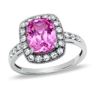 Cushion Cut Lab Created Pink and White Sapphire Ring in 14K White Gold