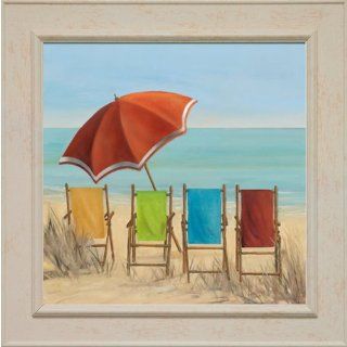 Decor Colorful Beach Chairs and Beach Umbrella Off White Framed Art   Decorative Tiles