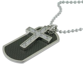 Mens Stainless Steel Cross and Dog Tag Pendant with Carbon Fiber