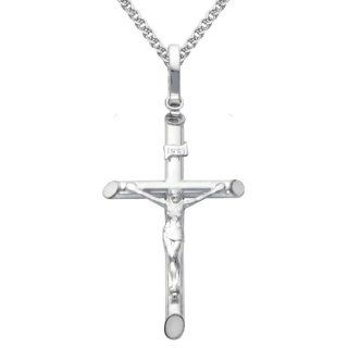 14K White Gold Crucifix Cross Charm Pendant with White Gold 1.5mm Flat Open wheat Chain Necklace with Lobster Claw Clasp   16" Inches   Pendant Necklace Combination: The World Jewelry Center: Jewelry
