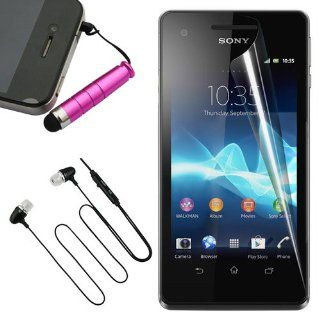 Skque Clear Anti Scratch Screen Protector Skin Film + Pink Stylus Pen with 3.5mm Anti Dust Plug + Black 3.5mm Stereo Headset Earphone with mic for Sony Xperia V LT25i Cellphone: Cell Phones & Accessories