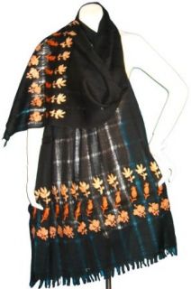 Free shipping & almost free gift wrapping   Soft Woolen Shawl with "Ari" Design Work   Black with Orange Ari Work: Clothing