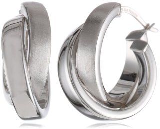 Duragold 14k White Gold Satin and Polished Crossover Hoop Earrings: Jewelry