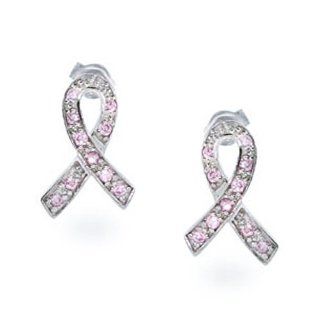 Bling Jewelry 925 Sterling Silver CZ Breast Cancer Pink Ribbon Stud Earrings: Jewelry