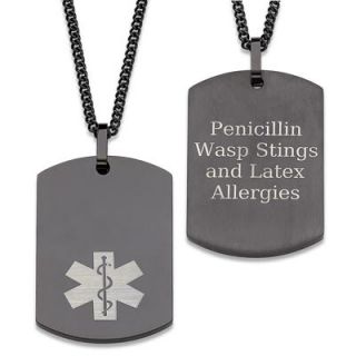 Mens Black Ion Plated Stainless Steel Medical Alert Engraved Dog Tag