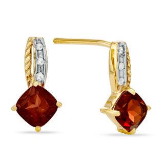 0mm Cushion Cut Garnet and Diamond Accent Drop Earrings in 10K Gold