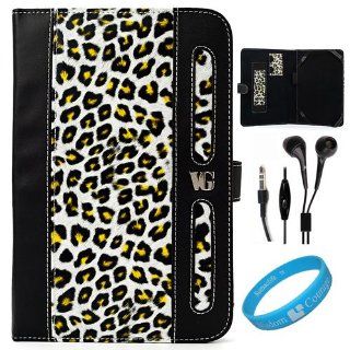 Black / Yellow Leopard Print Executive Leather Portfolio Case Cover with Elastic Zebra Print Hand Strap for Sprint HTC EVO View 4G Tablet and HTC Flyer Wifi Android Wireless Tablet + Black handsfree Headphones with Mic + SumacLife TM Wisdom*Courage Wristba
