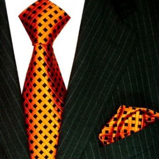 Lorenzo Cana   Luxury Italian 100% Pure Silk Tie Hanky Set Black Orange Checkered Necktie   8445801 at  Mens Clothing store: