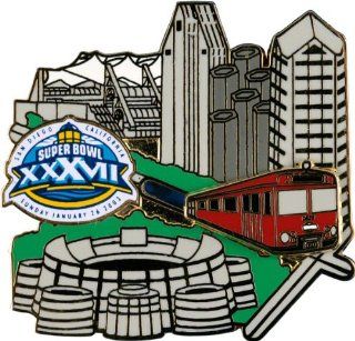 Super Bowl XXXVII Collectors Pin  Details: Sliding Trolley Design, Qualcomm Stadium Silhouette, San Diego City Silhouette, NFL SB 37 Commemorative Pin : Sports Related Pins : Sports & Outdoors