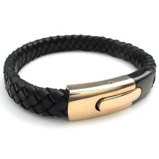 8", KONOV Jewelry Leather Mens Cuff Bracelet Stainless Steel Clasp, Gold Black   8 inch: KONOV Jewelry: Jewelry