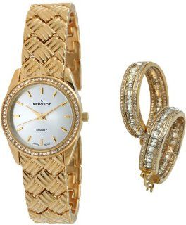 Peugeot Women's 648 Quilted Gold tone Watch & Crystal Earring Gift Set Watches