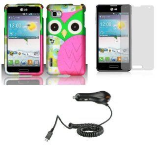 LG Optimus F3 (LS720, MS659)   Accessory Combo Kit   Hot Pink and Green Owl Design Shield Case + Atom LED Keychain Light + Screen Protector + Micro USB Car Charger Cell Phones & Accessories