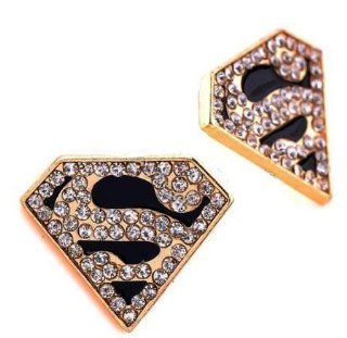 Men's Gold Rhinestone Crystal Black Superman Stud Earrings   16 mm x 14 mm (.62" x .55"): Jewelry