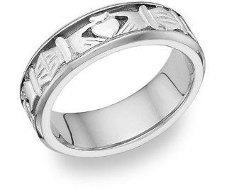 Celtic Claddagh Wedding Band Ring   14K White Gold: Claddagh Rings For Women: Jewelry