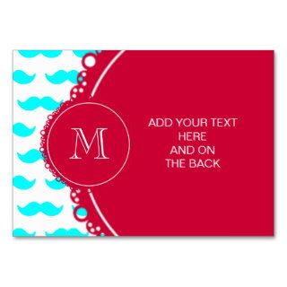 Aqua Blue Mustache Pattern, Red White Monogram Business Card Template