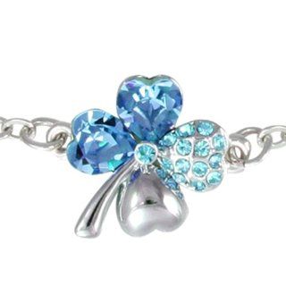 Four Leaf Clover Heart Shaped Swarovski Elements Crystal Rhodium Plated Chain Bracelet   Blue: Dahlia: Jewelry