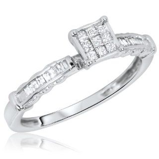 1/4 Carat T.W. Princess, Baguette Cut Diamond Women's Engagement Ring 10K White Gold   Free Gift Box: MyTrioRings: Jewelry