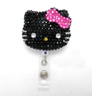 LOVEKITTY   3D Blinged Out Black Face Hot Pink Bow Hello Kitty Rhinestone Badge Reel / Name Badges / ID Badge Holder : Office Products