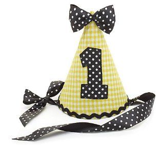 1st Birthday Party Hat #1 Yellow Gingham Black Dot Fabric Ribbon Tie Bumble Bee: Toys & Games