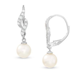 Cultured Freshwater Pearl and Lab Created White Sapphire Twist Drop