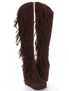 Womens Fringe Wedge Knee High Heel Moccasin Boots in Black, Tan, Brown, Red: Shoes