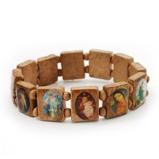 Light Brown Wooden Religious Images Catholic Jesus Icon Saints Stretch Bracelet   up to 20cm length: Jewelry