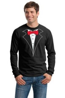 Mens Black Long Sleeve Tuxedo T Shirt with Red Tie and no carnation: Clothing