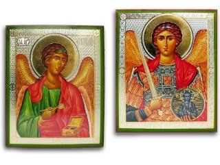 Russian Icon 2 Archangels Saint St Michael St Saint Raphael Icon Authentic Russian Wood Wall Gold Framed Jeweled Glass New!!   Decorative Tiles