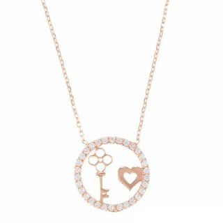 Sterling Silver Rose Plated 16" + 1.5" Extension Heart and Key in CZ Circle Necklace: Jewelry