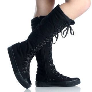 Canvas Sneakers Ladies Flat Tall Punk Womens Skate Shoes Lace up Knee High Boots Shoes