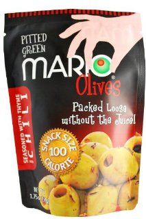 Mario Camacho Green Pitted Olives Seasoned with Thyme and Chili, 1.75 Ounce Packages (Pack of 10) : Green Olives Produce : Grocery & Gourmet Food