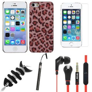 BIRUGEAR 5 Item Essential Accessories Bundle Kit for Apple iPhone 5 5G / 2013 iPhone 5S [ includes Pink Leopardo Snap on Coated Case, Screen Protector, Earbuds, Stylus, Cord Wrap ]: Cell Phones & Accessories