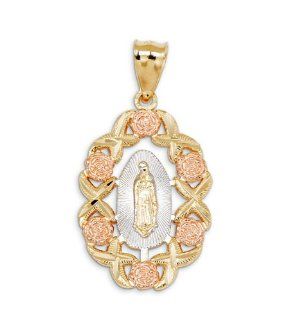 14k Tricolor Gold Rose Flower Virgin Mary Fancy Pendant: Jewelry