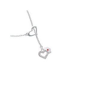 Small Crystal Heart with Nurse Hat Heart Lariat Charm Necklace (Silver FBA): Pendant Necklaces: Jewelry