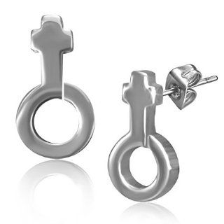 E822 Stainless Steel Female Gender Symbol Stud Pair of Earrings: Jewelry