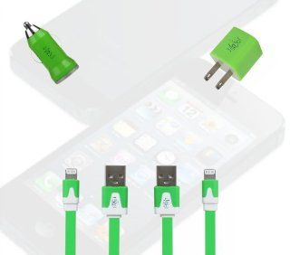 I Kool iphone 5 charger 8 Pin USB Flat Noodle Sync Data Charger Cable for iPhone 5 5G iPad Mini (4 in 1 Kit Includes 2 cables & wall plug & car adapter) (Green): Cell Phones & Accessories